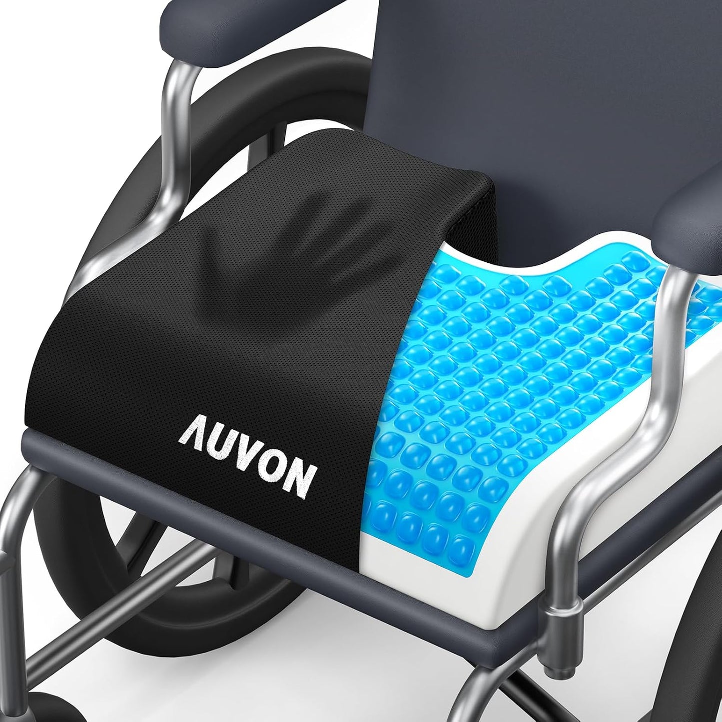 AUVON Gel Wheelchair Seat Cushion with Waterproof Cover, Anti-Sore & Ulcer | Ergonomic Chair Cushion with U-Cutout for Tailbone, Back Pain Relief, Memory Foam Cushion for Office, Anti-Slip, Buckle Strap