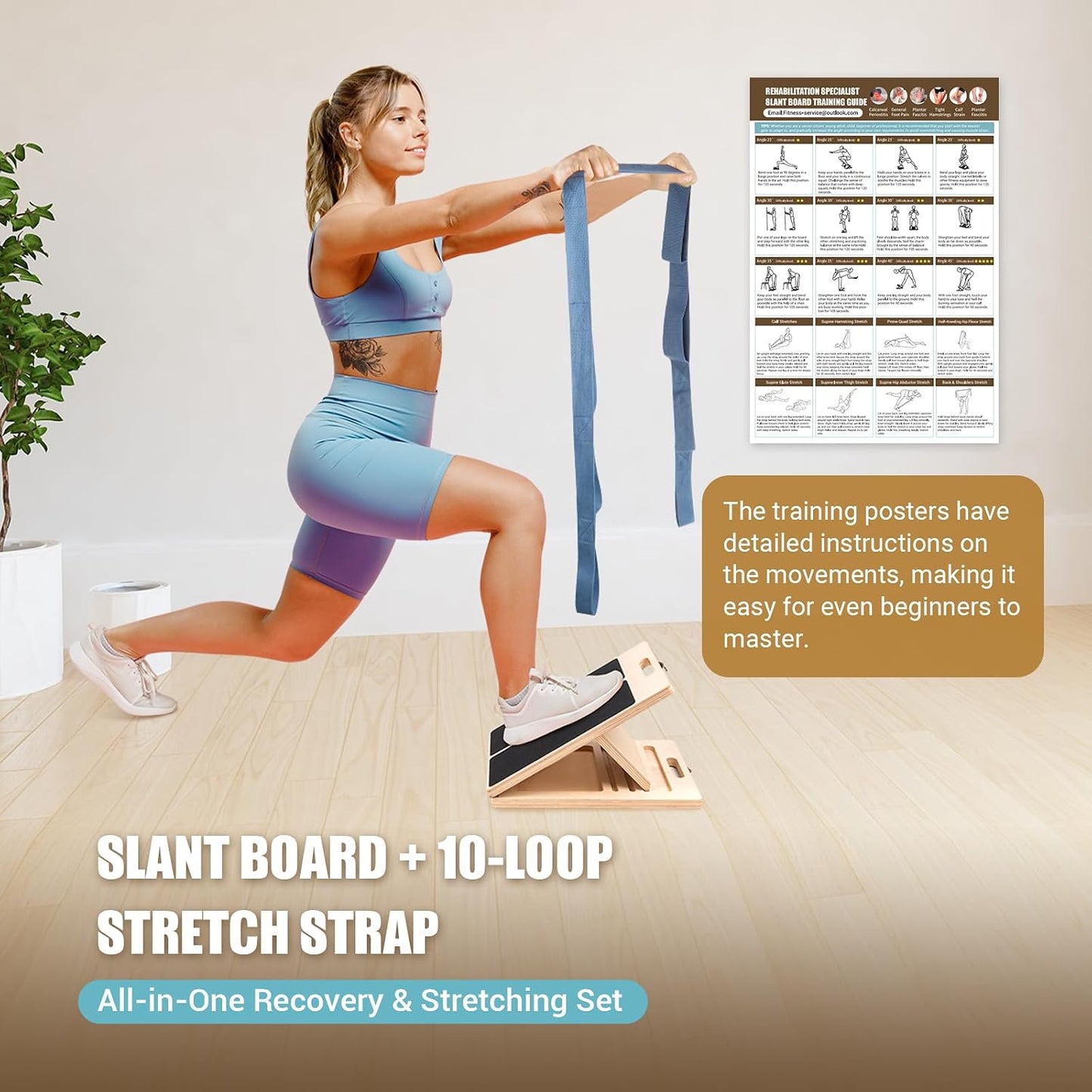 Slant Board Calf Stretch with Stretch Strap, 300 lb Portable Incline Board | Training Poster, Non-Slip Adjustable Wooden Calf Mobility Board for Calf Ankle Knees Achilles Physical Therapy Leg Exerciser