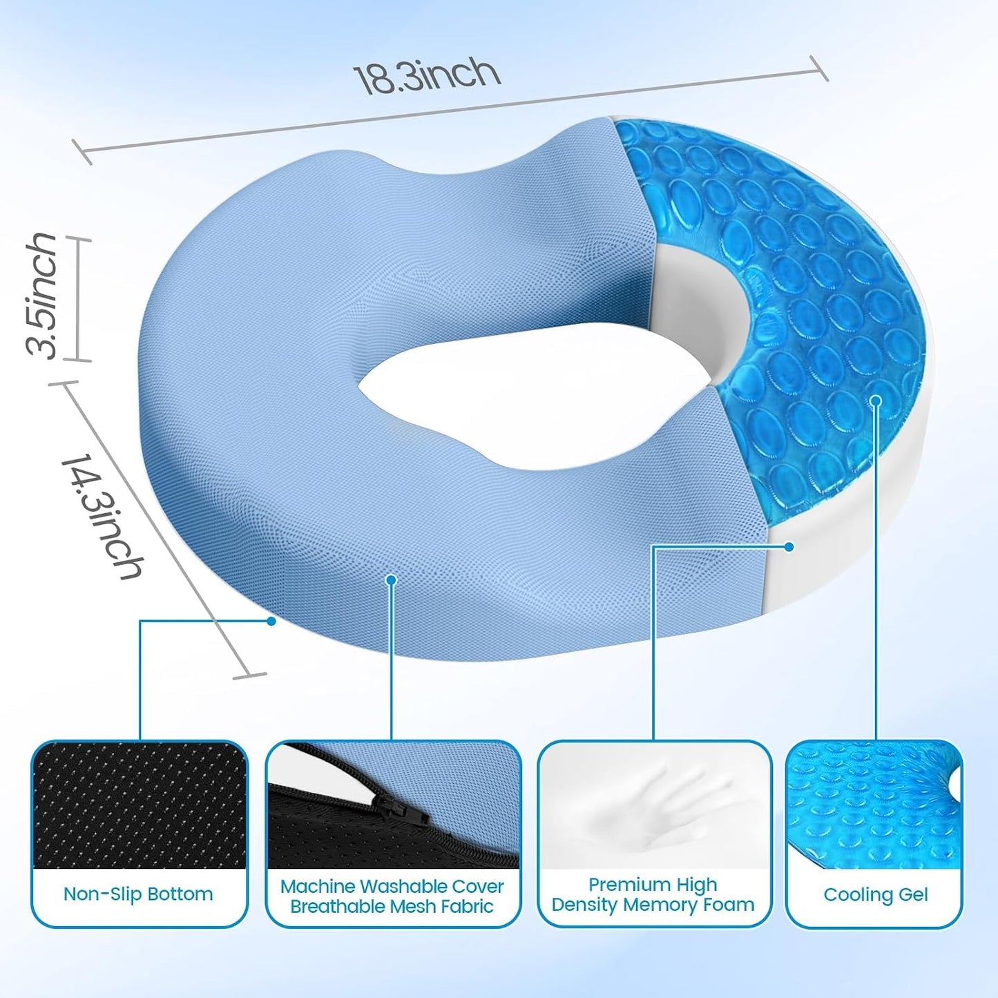 Donut Pillow Seat Cushion, Cooling Gel Memory Foam Chair Cushion, Black | Office, Home & Car Seat Cushion, Butt Pillow for Tailbone Pain Relief, Hemorrhoids and Everyday Sitting Comfort
