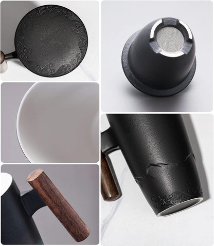 suyika Ceramic Tea Cup with Infuser and Lid Tea Mugs Wooden Handle 400ml/13.5oz Dark Green
