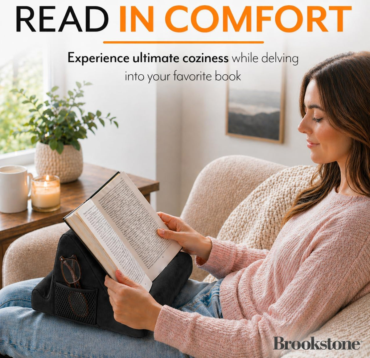 Brookstone Tablet Lap Cushion - Tablet/Phone/Ebook Holder for Bed, Flights, and Travel, Memory Foam Lap Desk for Reading and Hands Free Viewing, Compatible iPad and Kindle Accessories, Grey
