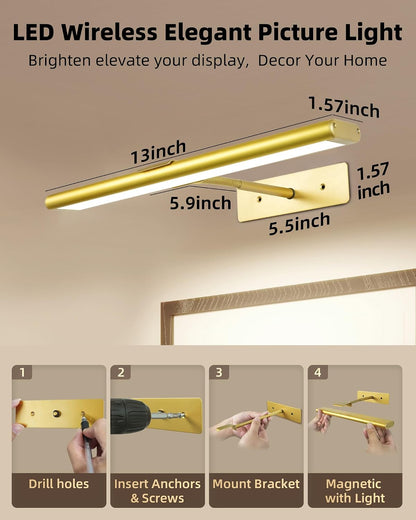 EZVALO Picture Light for Wall, 4800mAh Rechargeable Wireless Gold Light with IR Remote, Dimmable Magnetic LED Art Display Light with 3 Color Temperatures, for Gallery, Living Room, Bedroom(2Pack)