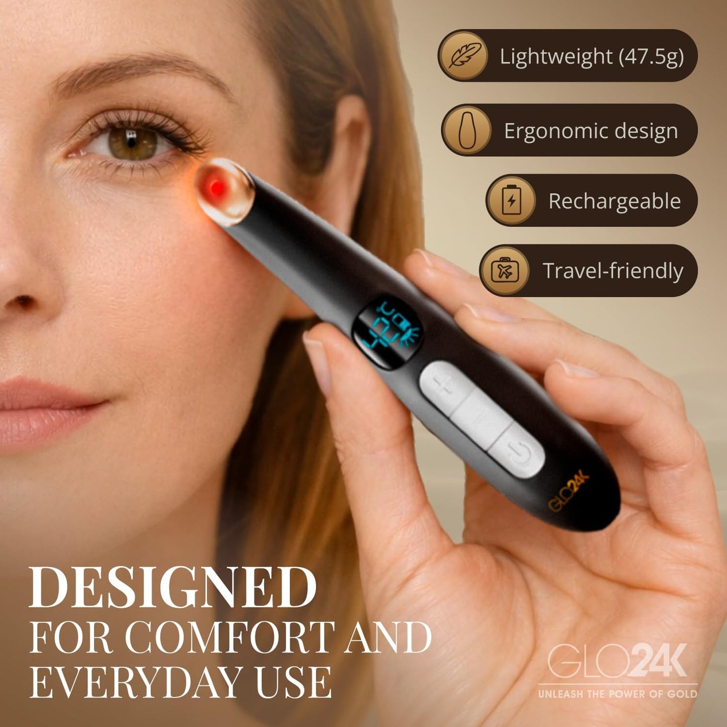 GLO24K Heated Eye Wand & Eye Massager Tool - Gentle Warmth & Vibration for Smoother-Looking Skin, Refreshing Under-Eyes Massage, Portable Beauty Device