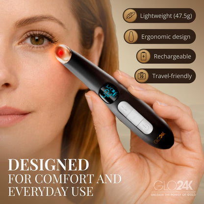 GLO24K Heated Eye Wand & Eye Massager Tool - Gentle Warmth & Vibration for Smoother-Looking Skin, Refreshing Under-Eyes Massage, Portable Beauty Device