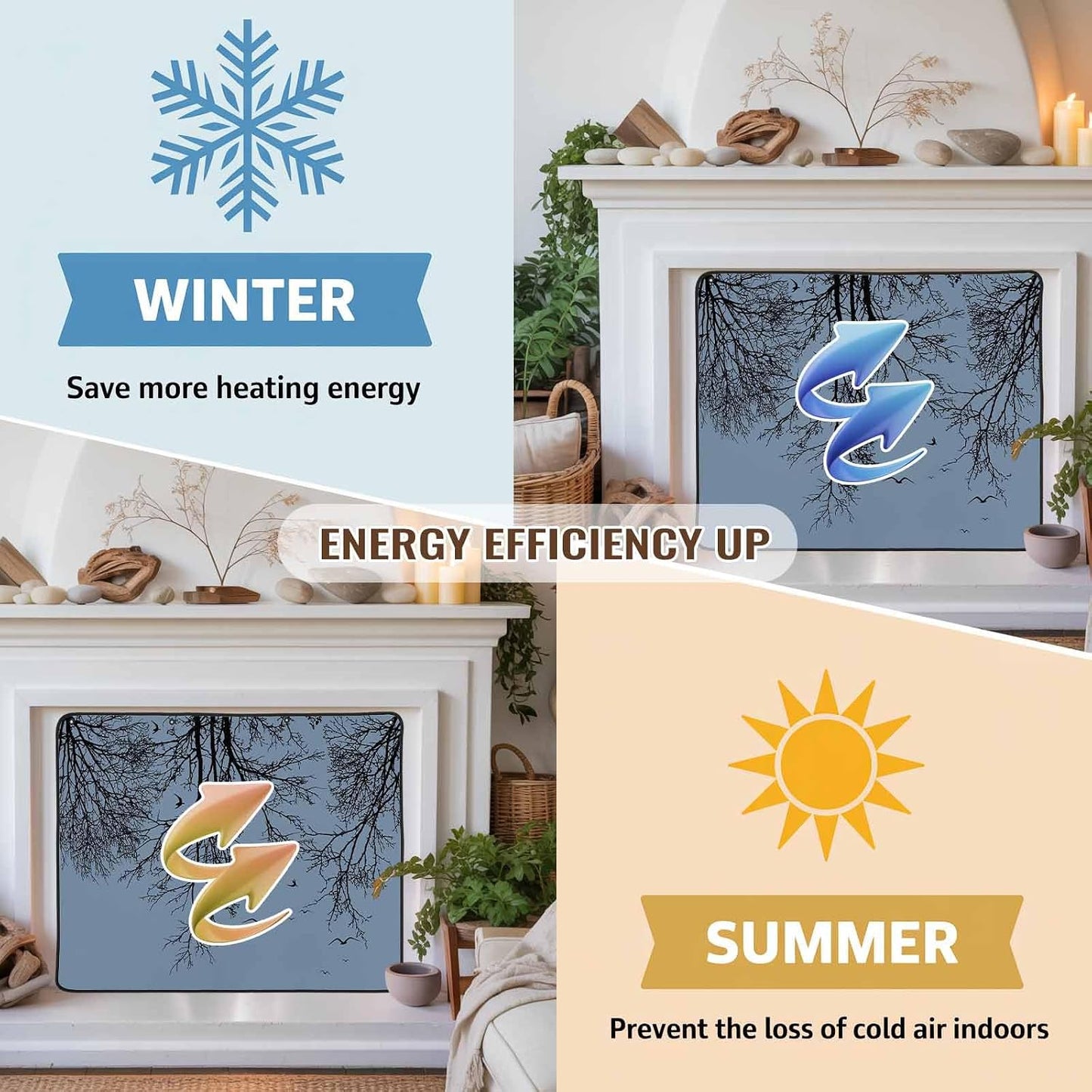 Magnetic Fireplace Cover Tree Branches Bird Fireplace Screen Decorative Brown Black Twigs Deadwood Insulation Fireplace Blocker Save Energy Fireplace Draft Stopper Covers for Living Room 45x34 Inch