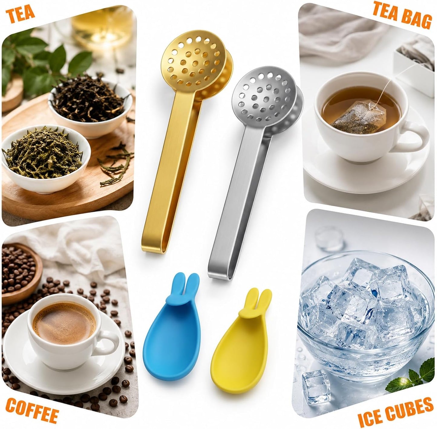 4Pcs Tea Bag Squeezer, Stainless Steel Tea Tongs with Rabbit Te a Bags Hangers, Teas Bag Dispenser Strainers Filters, Te a Bags Tongs For Gripping Loosing Ice Sugar Lemon Slice