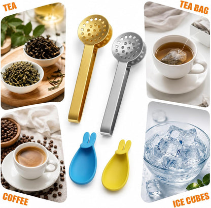 4Pcs Tea Bag Squeezer, Stainless Steel Tea Tongs with Rabbit Te a Bags Hangers, Teas Bag Dispenser Strainers Filters, Te a Bags Tongs For Gripping Loosing Ice Sugar Lemon Slice