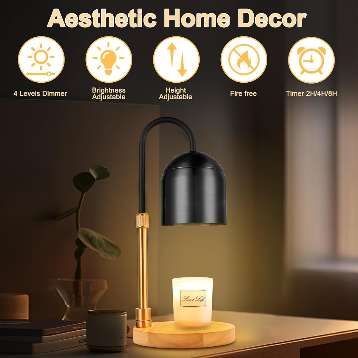 Candle Warmer Lamp with Timer & 3 Bulbs, Dimmable Electric CandleLight Adjustable Height and Brightness Candle Wax Warmer for Jar Candles Bedroom Home Decor House Warming Gift for Women (Round Gold)