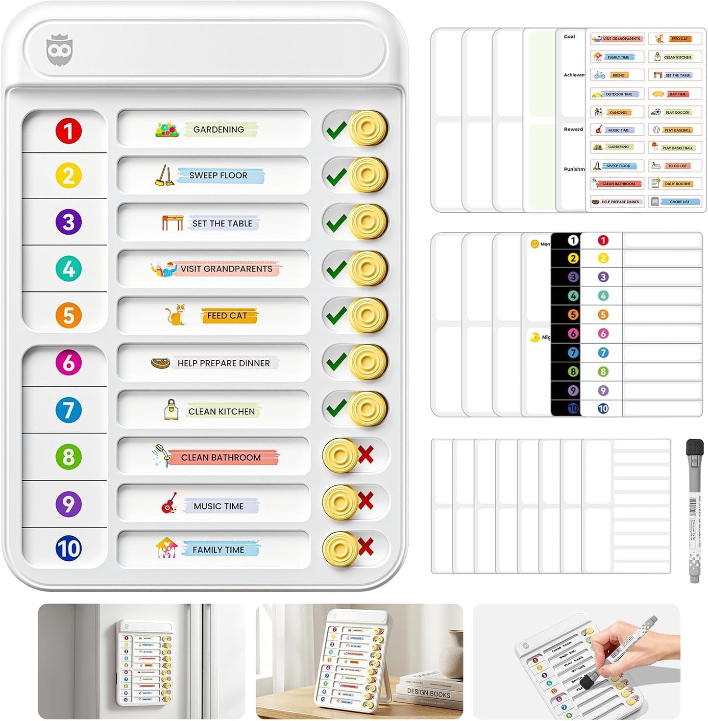 Chore Chart for Kids with Timer, 21 PCS Checklist Magnetic Schedule Board, ADHD Tools with 99-Min Countup/Down Visual Timer, Bedtime/Morning/Daily Routine Chart Dry Erase to Do List with Slider(White)