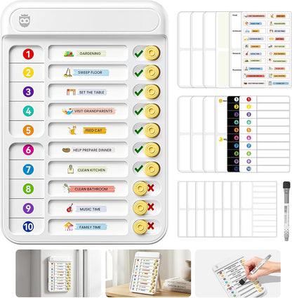 Chore Chart for Kids with Timer, 21 PCS Checklist Magnetic Schedule Board, ADHD Tools with 99-Min Countup/Down Visual Timer, Bedtime/Morning/Daily Routine Chart Dry Erase to Do List with Slider(White)