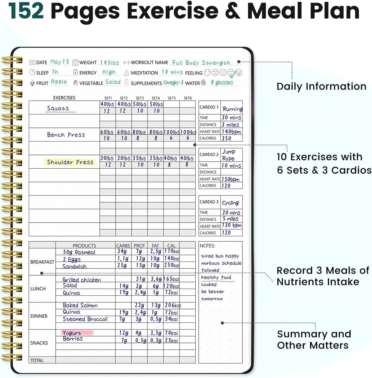 Fitness & Food Journal for Women, Undated 150-day Workout & Wellness Planner with Measuring Tape, Pink Weight Loss Journal for Setting Goals Tracking Exercise Training Diet Progress (9.5’’*7’’)