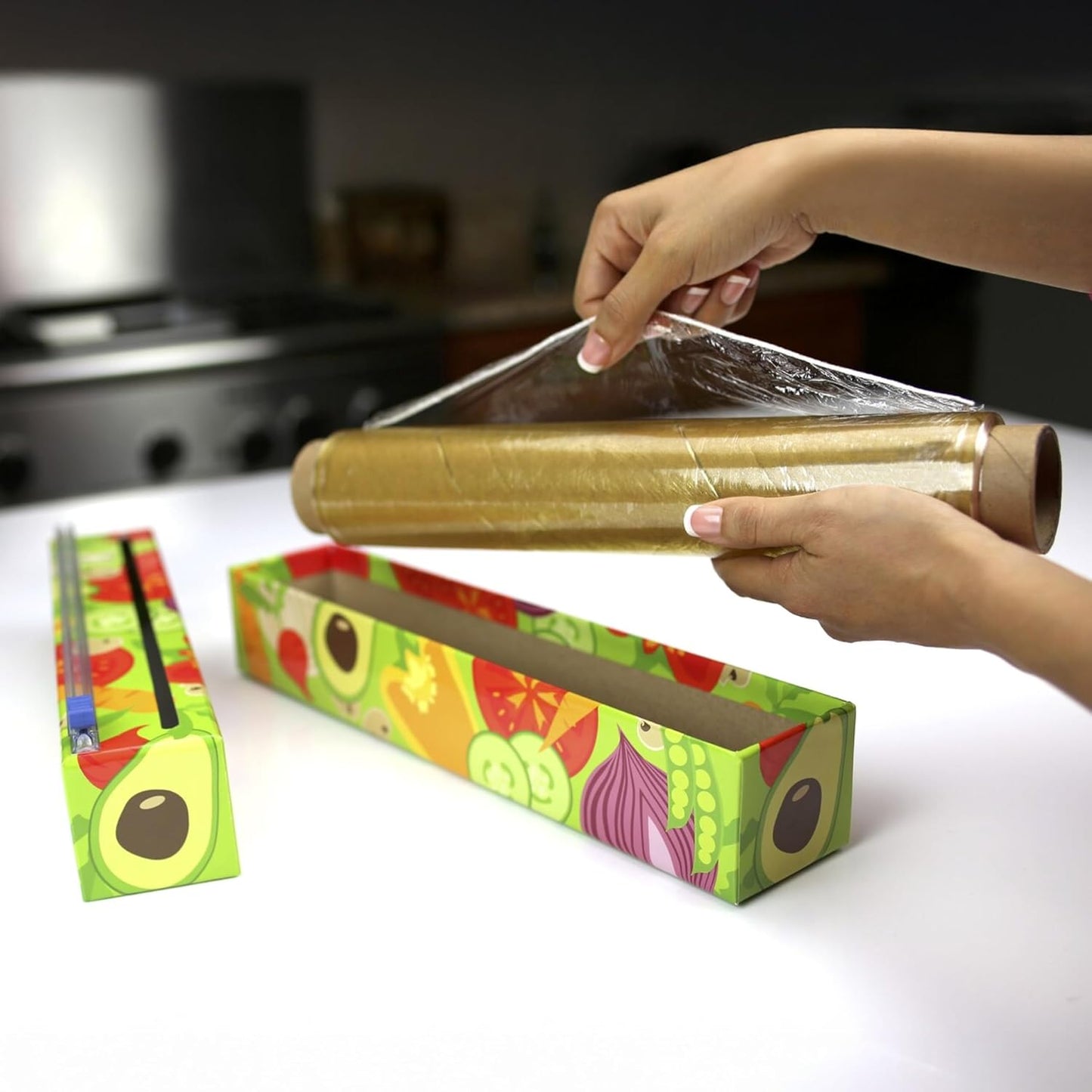 Chicwrap Veggies Refillable Plastic Wrap Dispenser - Includes One 12" x 250' Roll of Professional Grade Plastic Wrap - BPA Free and Kosher Certified - Reusable Dispenser w/Slide Cutter | Reusable Plastic Wrap Dispenser with Four Non-Slip Rubber Feet and