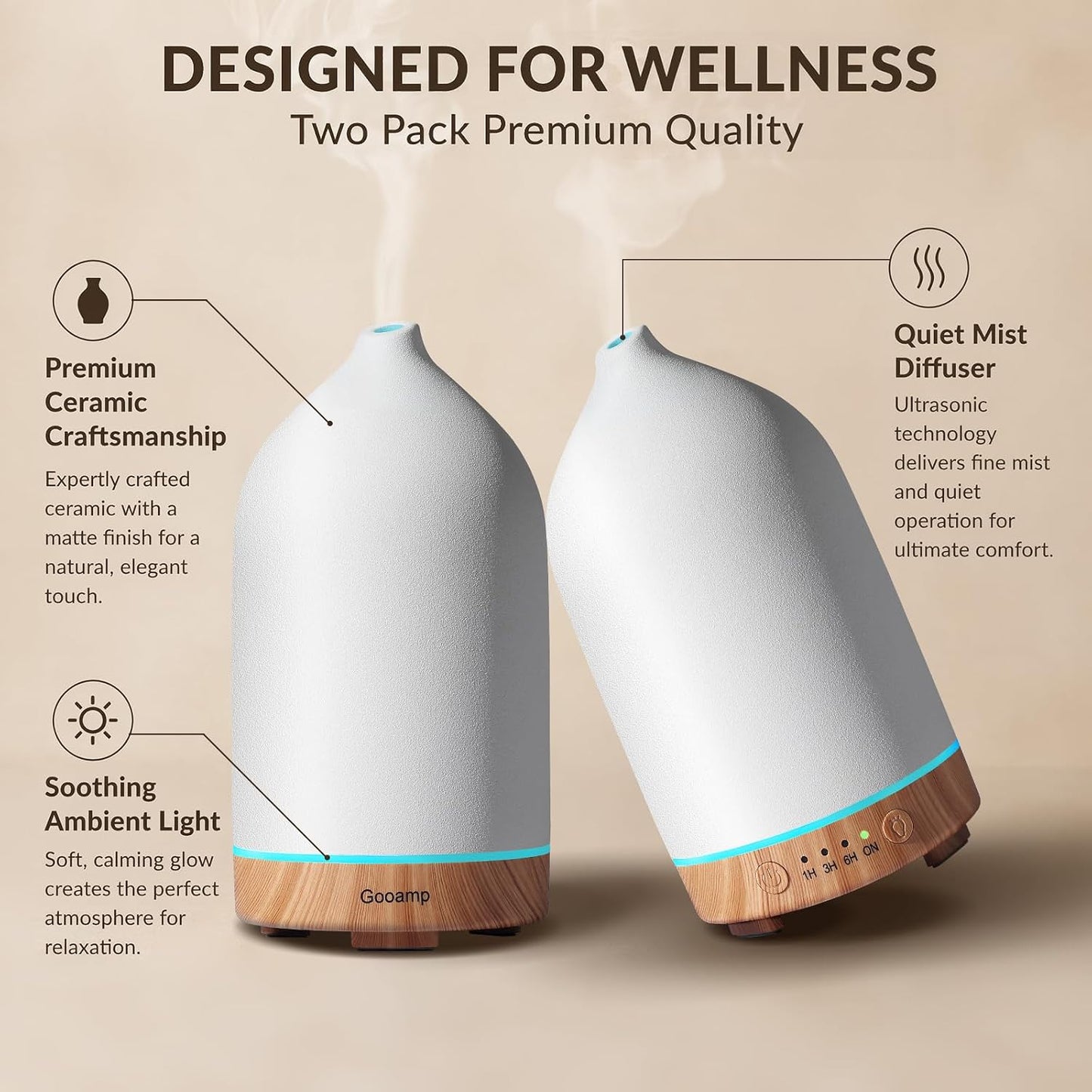Ceramic Essential Oil Diffuser for Home (Set of 2) Air Humidifier | 200ML Ultrasonic Aromatherapy Diffuser & Humidifier 7 LED Lights, Auto Shut-Off, Wood Base, 3 Timers for Bedroom, Office,Yoga