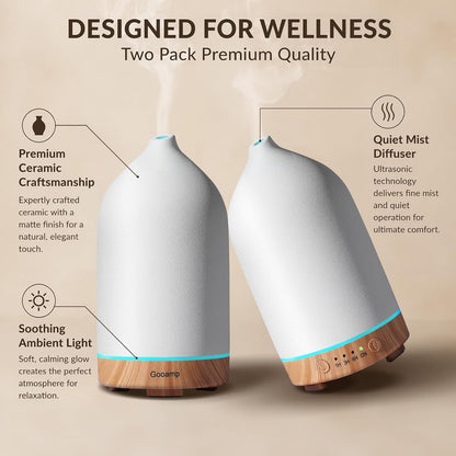 Ceramic Essential Oil Diffuser for Home (Set of 2) Air Humidifier | 200ML Ultrasonic Aromatherapy Diffuser & Humidifier 7 LED Lights, Auto Shut-Off, Wood Base, 3 Timers for Bedroom, Office,Yoga