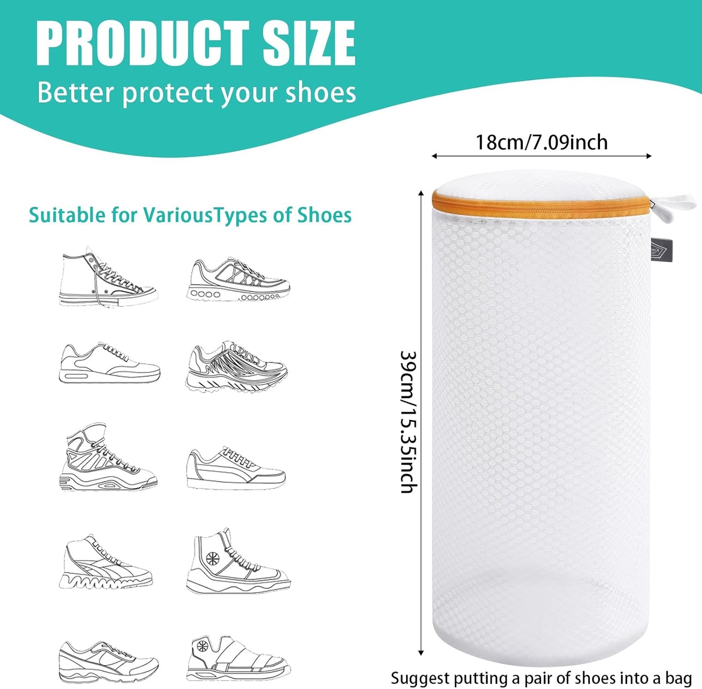 Shoe Washing Machine Bag, Laundry Bag for Sneakers, Orange, 7x15 | Bag to Wash Shoes in Washer and Dryer, for Tennis, Footwear, Trainers, Slippers, Prevent Tangling, Honeycomb Mesh