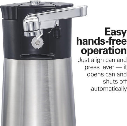 Hamilton Beach OpenStation Electric Can Opener With Automatic Shutoff | SureCut Technology Easily Aligns Cans | OpenMate Multi-Tool Jar & Bottle Opener | Cord Storage | Stainless Steel | 76382FJ
