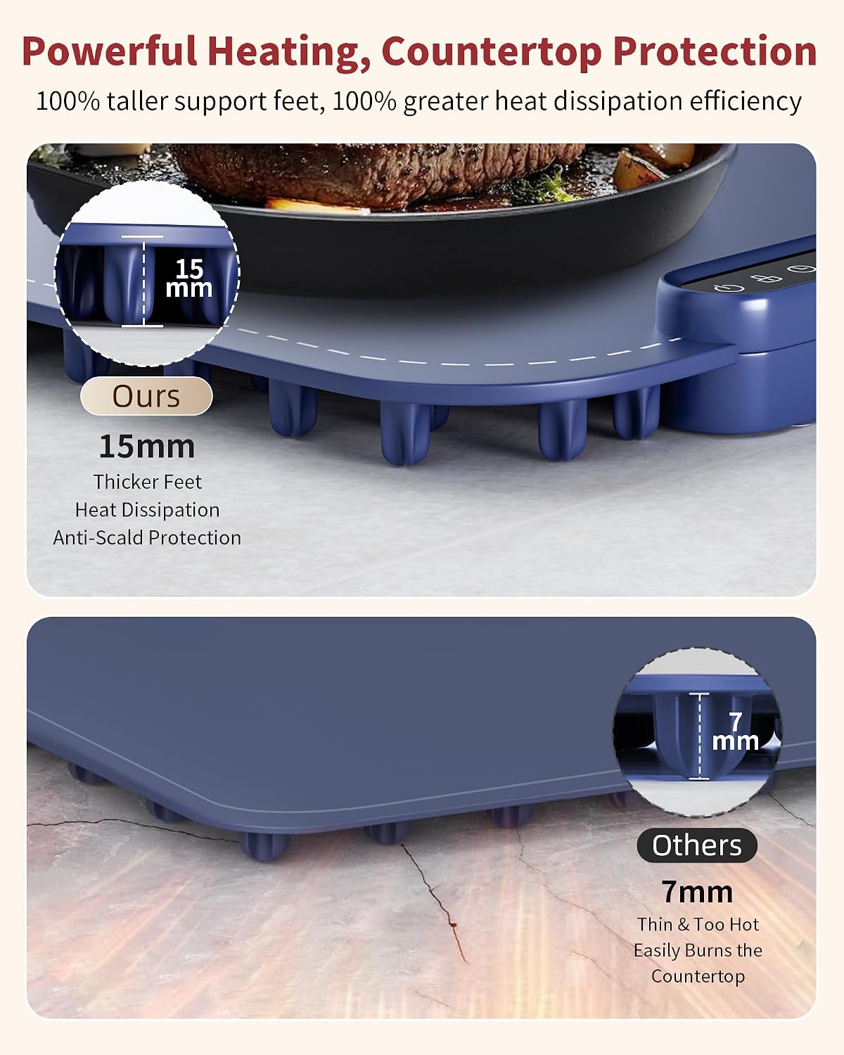 Warming Mat for Food, Upgraded Fast-Heating Electric Warming Tray with 7 Temp Levels & 8 Timers, Buffet Raised Feet & Rollable Silicone Heat Pad, Portable Food Warmer for Home, Party & Travel (Blue)