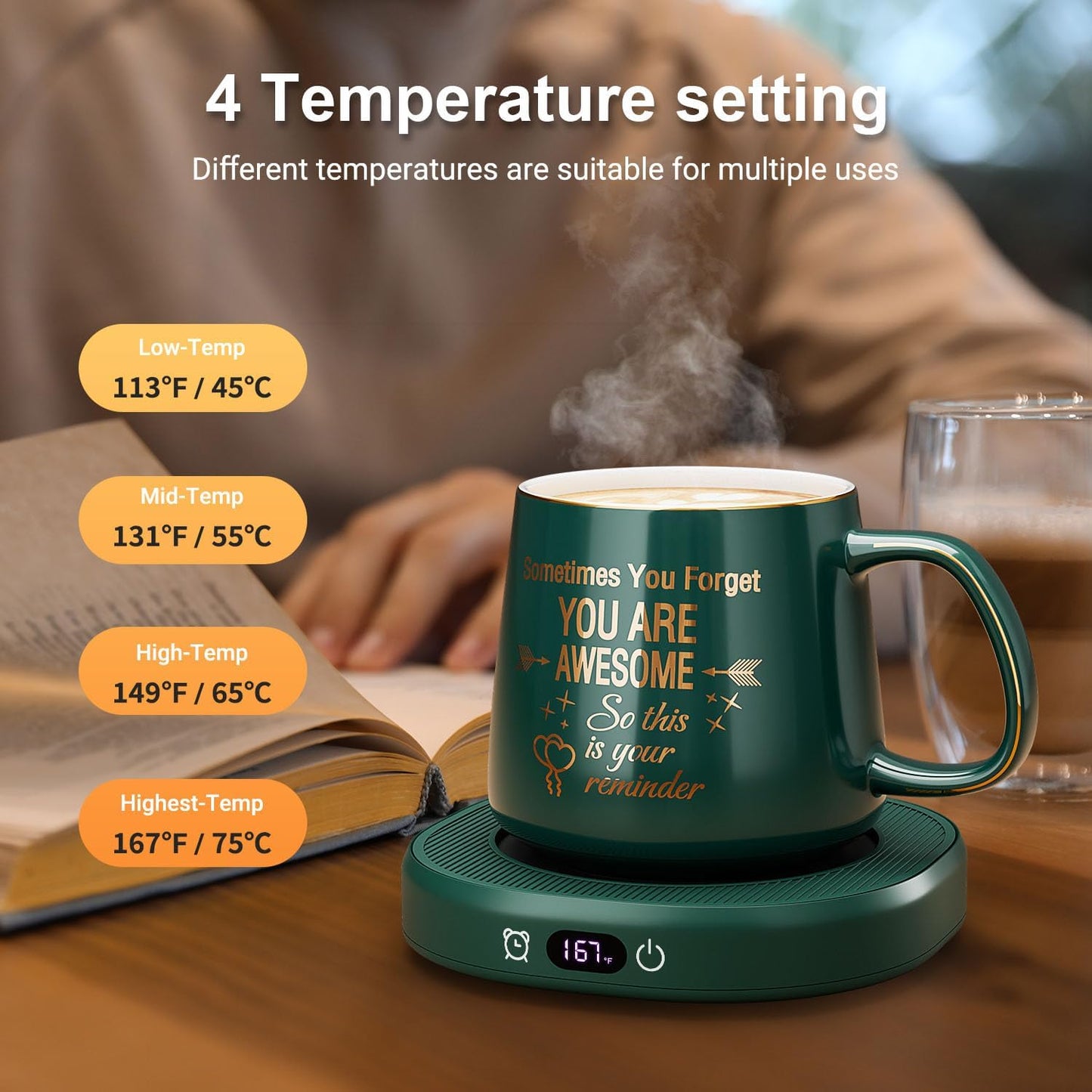 Coffee Mug Warmer & Pure Black Mug Set, Electric Cup Warmer for Desk | Beverage Warmer Plate for Coffee,Tea,4 Temperature Setting,8-Hours Auto Shut Off,14oz Mug with Spoon & Bamboo Lid Included