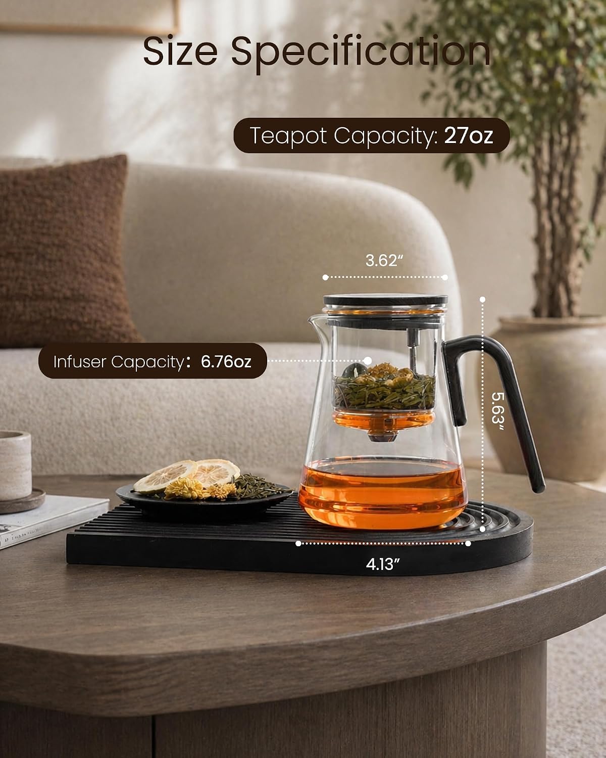 ZENS Magnetic Glass Infuser Teapot for Loose Tea, 27oz Walnut Wood Handle | Magic Teapot with Infuser, Echanted Tea Maker, Mess-Free Loose Leaf Tea Diffusers for Tea lover Gifts