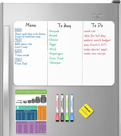 Magnetic Dry Erase Board: Small Fridge Whiteboard, Flexible Refrigerator Magnet White Board, Blank Writing Note Sheet with Dishwasher Magnet Clean Dirty Sign, 4 Markers & Eraser - 12 x 8