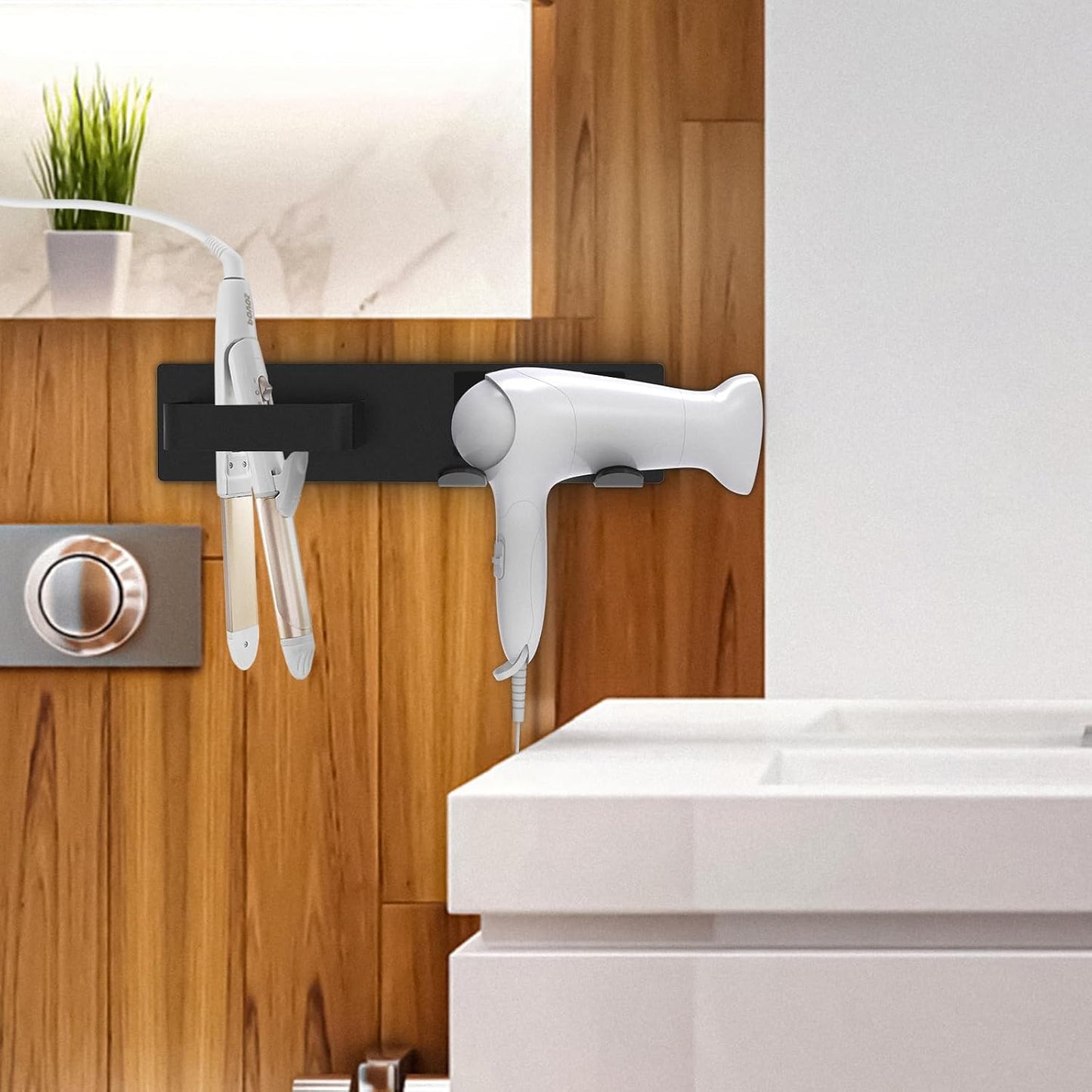 Hair Dryer & Flat Iron Holder Wall Mount, Self Adhesive, Black | No-Drill Hair Tool Organizer for Bathroom Makeup Vanity Cabinet Door