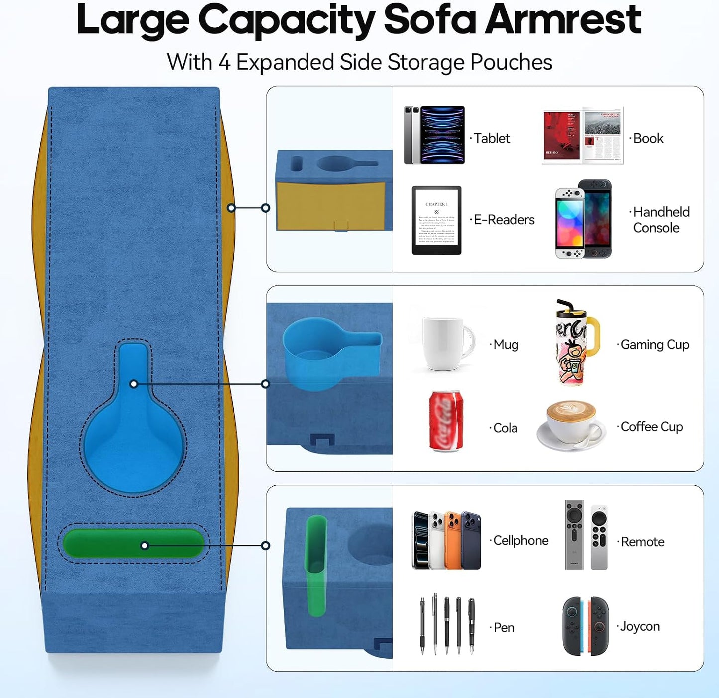 Removable Sofa Armrest Couch Caddy with Cup Holder Insert Between Cushions | Sofa Accessories Storage, Couch Armrest Pillow Table with Drink Holder