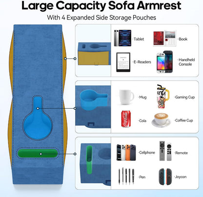Removable Sofa Armrest Couch Caddy with Cup Holder Insert Between Cushions | Sofa Accessories Storage, Couch Armrest Pillow Table with Drink Holder