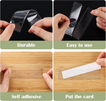 36 Pack 3" x 5" Adhesive Index Card Holders Clear PVC Label Holders | Top-loading label pockets, removable adhesive, clear PVC, for bins, shelves, totes, library and office use