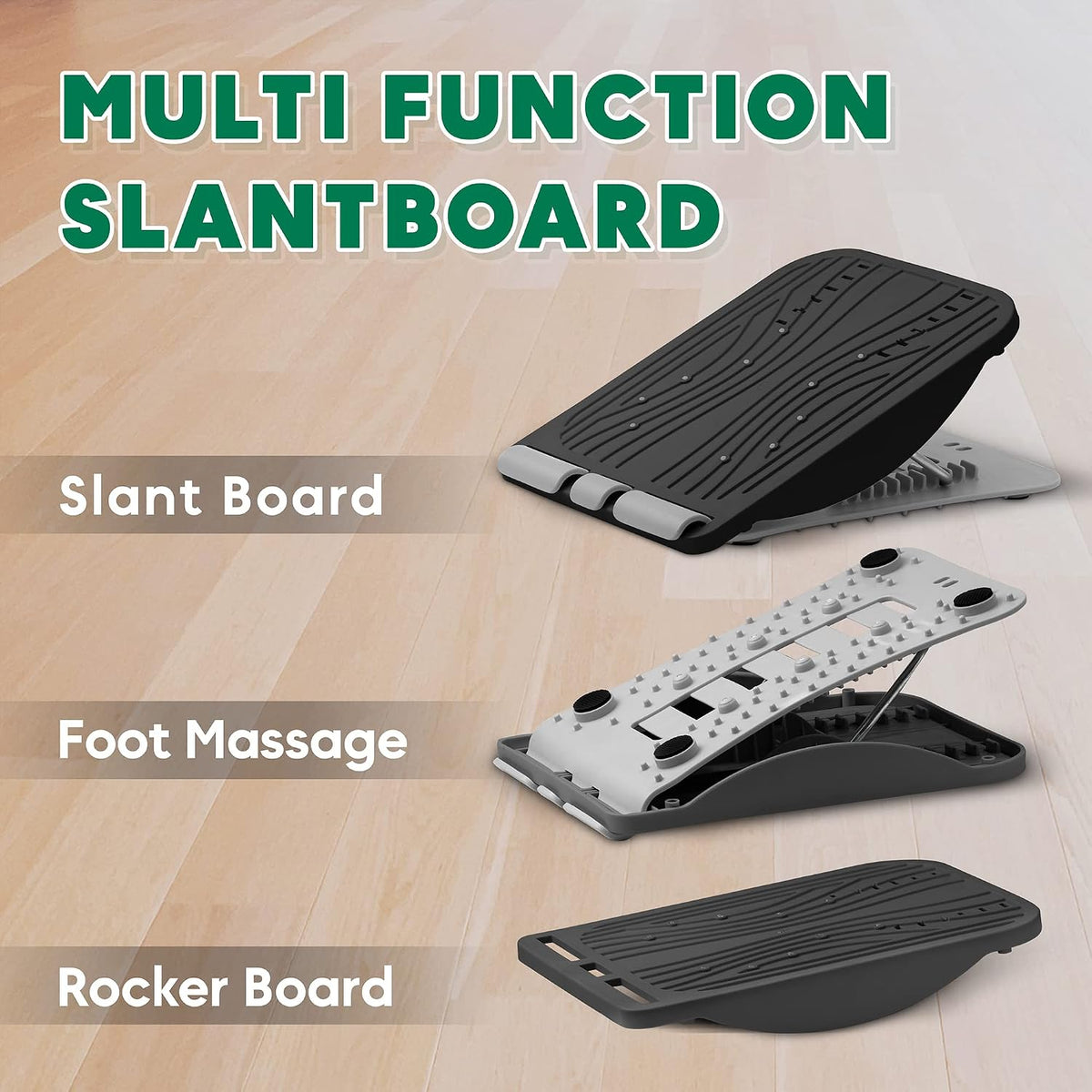 3-in-1 Adjustable Incline Slant Board for Calf Stretching Ankle, Foot Massage, 10 Changeable Levels Rocker Board for Plantar Fasciitis Physical Therapy Equipment - Black