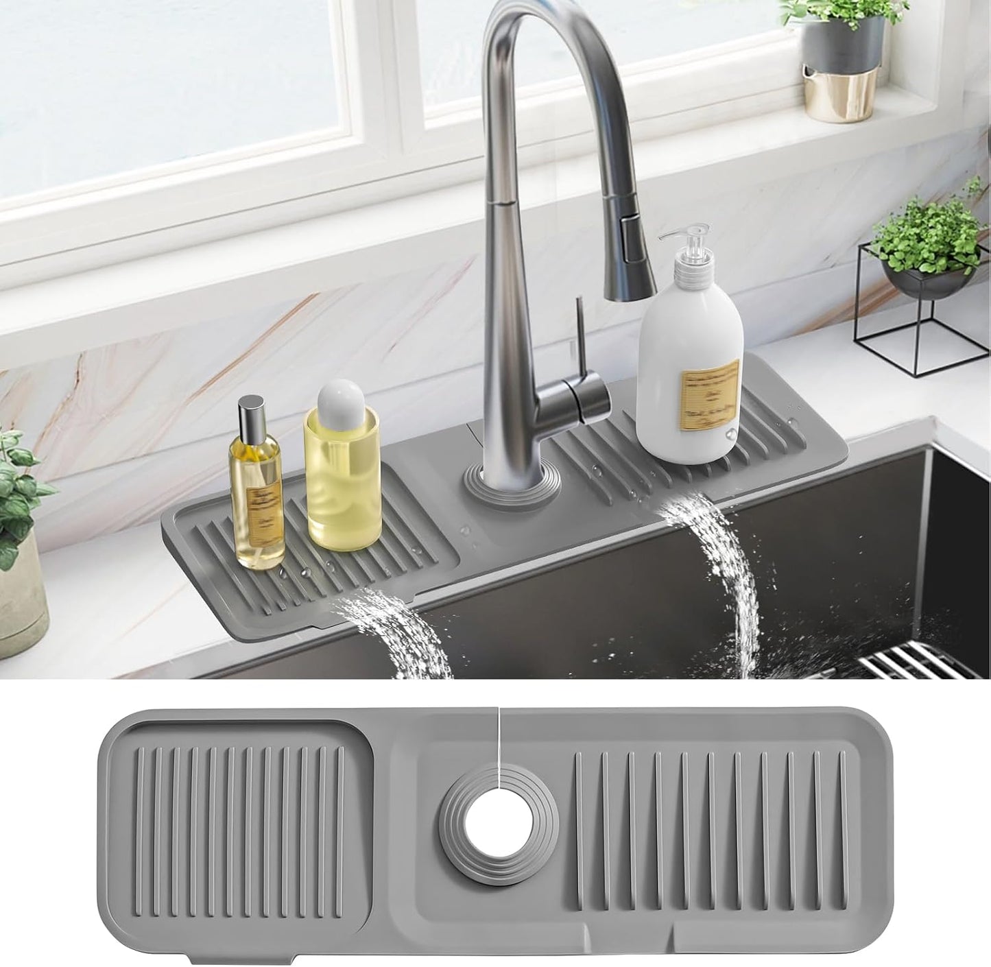 PoYang 23.6 Inch Silicone Sink Splash Guard, Kitchen Sink Mat, Light Grey | Faucet Mat with Wide Drainage & Cuttable Hole, Keeps Faucet Base Dry, Long & Short Sink Protectors for Kitchen, Bathroom & RV