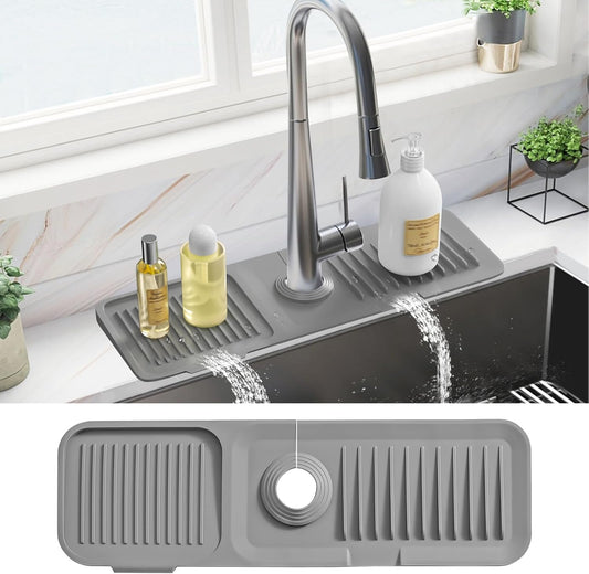 PoYang 23.6 Inch Silicone Sink Splash Guard, Kitchen Sink Mat, Grey | Faucet Mat with Wide Drainage & Cuttable Hole, Keeps Faucet Base Dry, Long & Short Sink Protectors for Kitchen, Bathroom & RV
