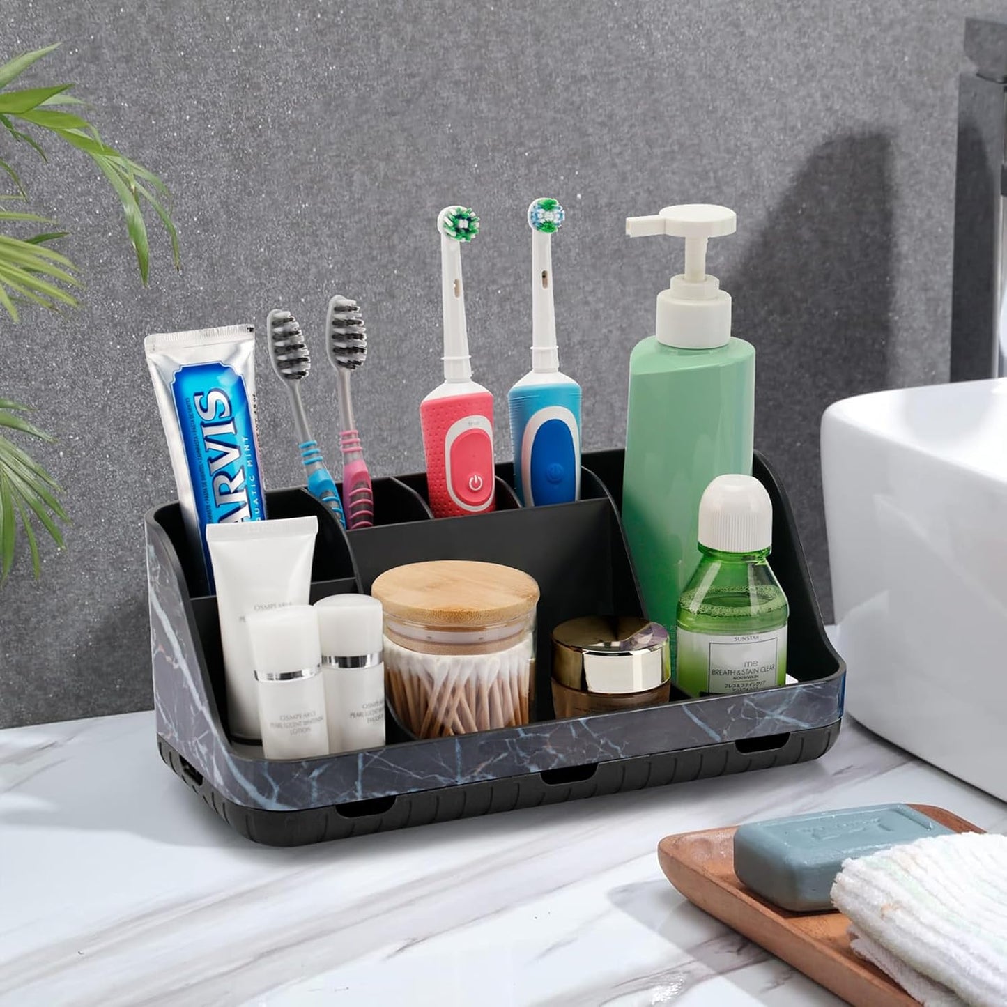 GFWARE Black Toothbrush Holder - 7 Slots Bathroom Organizer Countertop with Drainage Matte Black Electric Toothbrush and Toothpaste Holder for Bathroom Accessories Organization Vanity Sink Storage | Detachable 7 Slots Matte Black Kid Electric Toothbrush