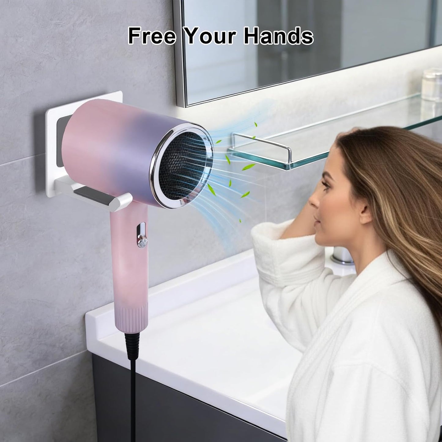 Universal Hair Dryer Holder, White | Wall Mount for Bathroom & Cabinet, Self-Adhesive Option, Blow Dryer Stand & Tool Organizer, Space-Saving Design