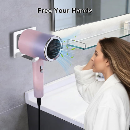 Universal Hair Dryer Holder, White | Wall Mount for Bathroom & Cabinet, Self-Adhesive Option, Blow Dryer Stand & Tool Organizer, Space-Saving Design