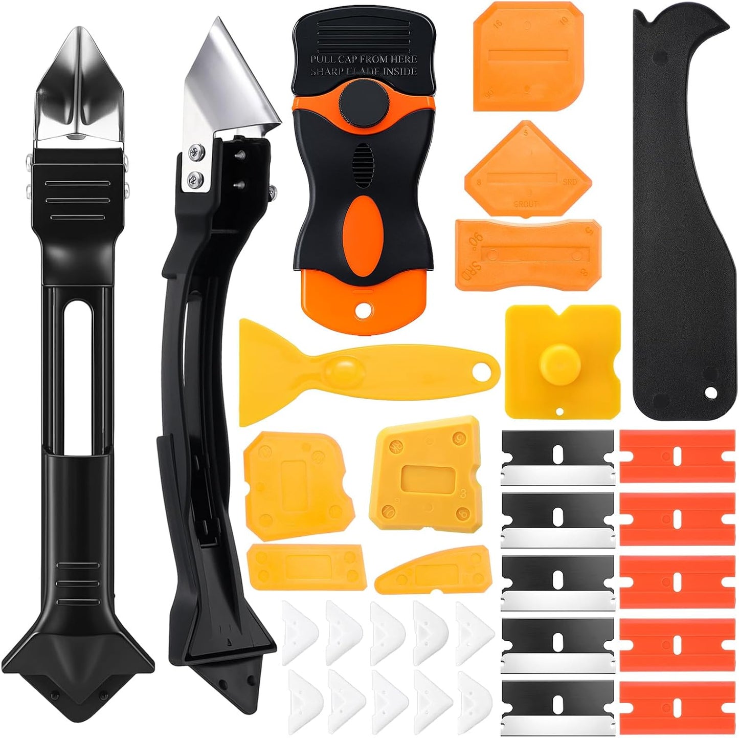 Pickmesh 33 Pcs Silicone Caulking Tool Kit Set 3 in 1 Caulk Remover & Grout Removal Tool with Pads 2 in 1 Razor Blade Scraper with Blades Sealant Finishing Tools for Kitchen Bathroom Sink Window Floor