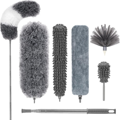 Cobweb Duster with Extension Pole 100 inches, Dusters for Cleaning with 2 Duster Heads, Washable Microfiber Feather Duster for Cleaning Ceiling Fan, High Ceiling, Blinds, Furniture & Cars