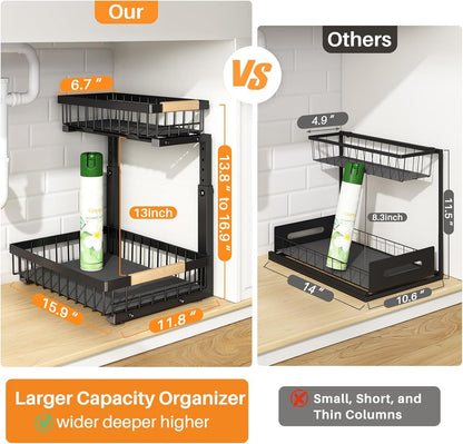 PXRACK Under Sink Organizer, Adjustable Height, 2 Tier Pull Out Under Cabinet Organizer, Slide Out Thickened Metal Under Sink Storage for Kitchen Bathroom Laundry Pantry Cabinet, White, Large-2-Pack