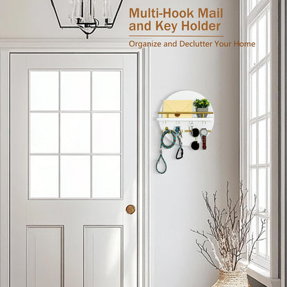 Key Holder for Wall Decorative with Shelf and Hooks, Mail Organizer Wall Mount with Sunglasses Holder, Circular Design Entryway Key Rack Hanger, Rustic Home Decor Boho Wall Decor (White)