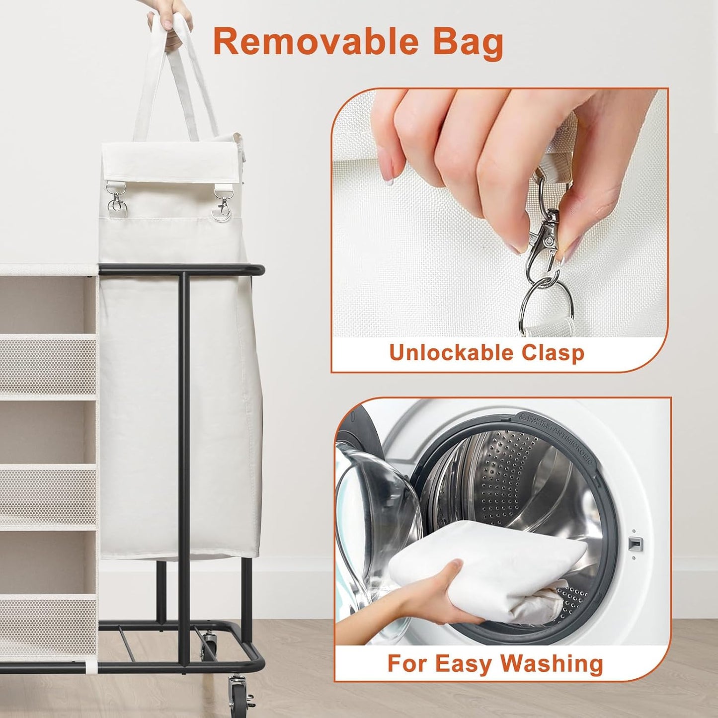 WOWLIVE Laundry Sorter 2 Section, 200L Rolling Laundry Hamper with Wheels | Laundry Cart with Steel Frame, Laundry Basket with Hanging and Removable Bag, Storage Unit Basket Organizer for Dorm, Beige