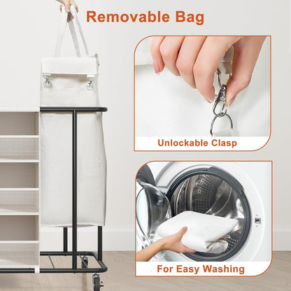 WOWLIVE Laundry Sorter 2 Section, 200L Rolling Laundry Hamper with Wheels | Laundry Cart with Steel Frame, Laundry Basket with Hanging and Removable Bag, Storage Unit Basket Organizer for Dorm, Beige