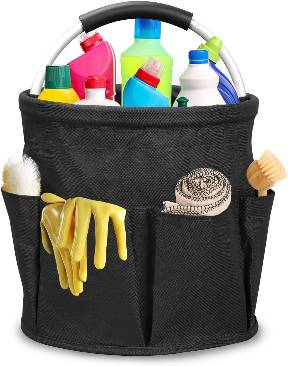 Qivine 17L Cleaning Caddy with Handle, Foldable Cleaning Supply Caddy(Blue) | Cleaning Caddy for Cleaning Supplies, Portable Cleaning Supplies Organizer with 6 Pockets, Cleaning Bucket for Kitchen Garden