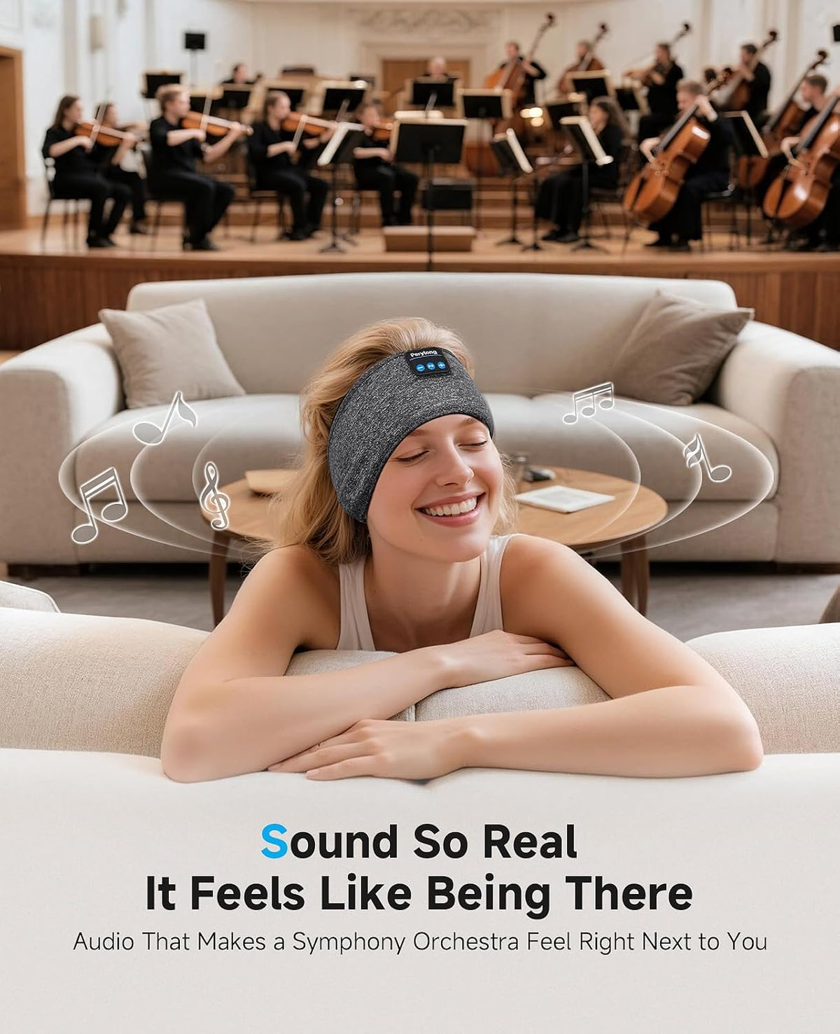 Perytong Sleep Headphones Bluetooth 5.4 Headband, Wireless Sleep Headphones with Ultra-Thin HD Stereo Speakers for Side Sleepers, Soft & Sweat Resistant Sport Headband for Yoga Travel Workout