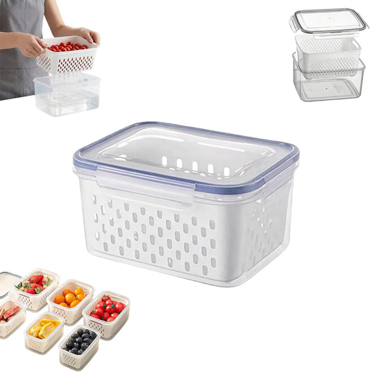 Fruit Storage Containers for Fridge, 4 in 1 Food Storage Container with Removable Colander, Airtight Produce Saver, Stackable Fridge Organizer for Wash, Drain & Store (Gray, S)