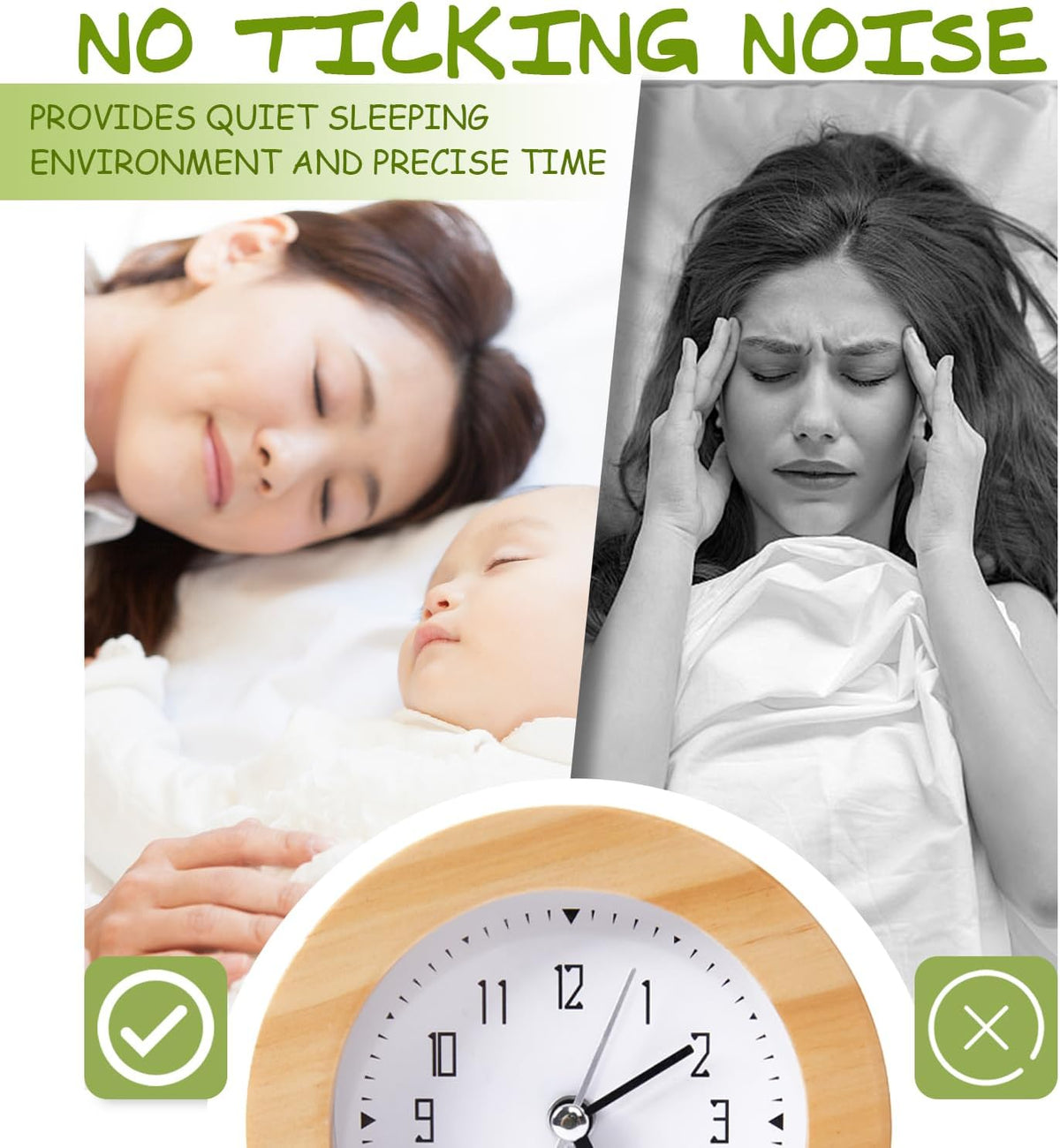 Wooden Analog Alarm Clock Silent Non-Ticking Desk Clock Battery Operated Table Clock with Nightlight for Bedroom,Children's Room, Living Room,Natural(4Inch)