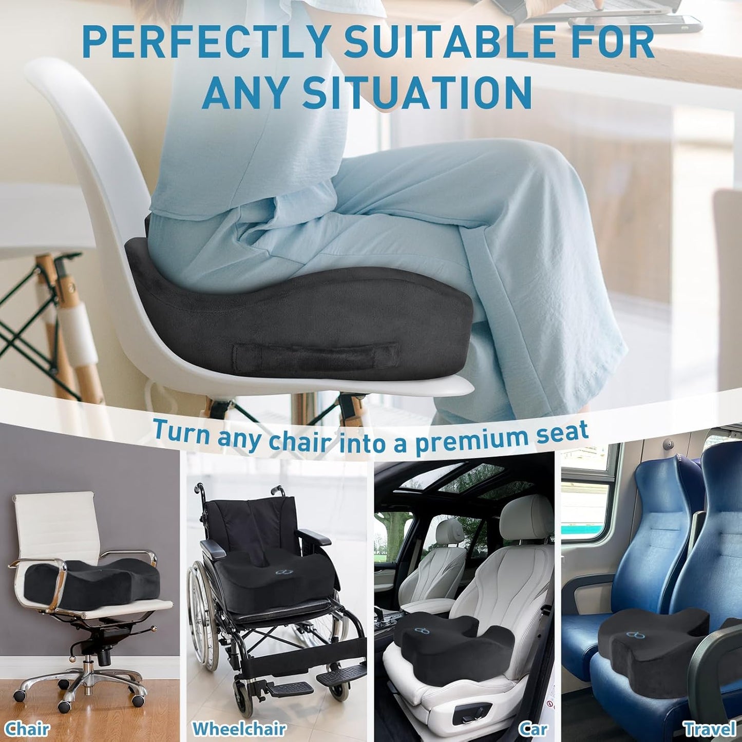 BlissTrends Memory Foam Seat Cushion for Office Chair & Car Seat, Black | 4.7in Ergonomic Tailbone & Sciatica Support with Removable Velvet Cover for Pressure Relief and Long Sitting Comfort