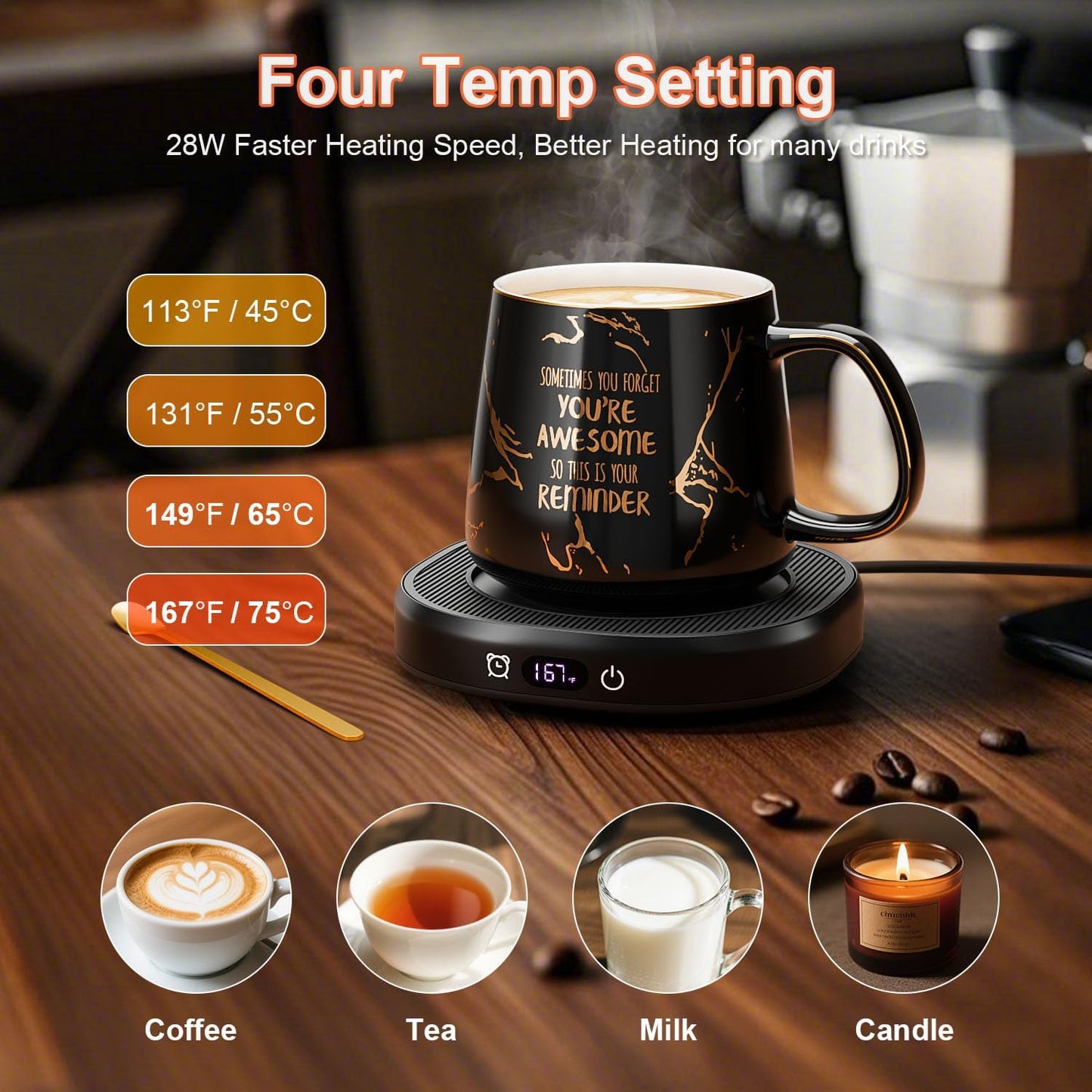 Coffee Mug Warmer Set for Desk, Smart Heated Electric Tea Cup Warmer Plate | Coffee Lover Mug and Warmer Set, Office Home Beverage Warming Candle Heater, 4-Temp Control 8H Auto Shut Off, Men Women Gift