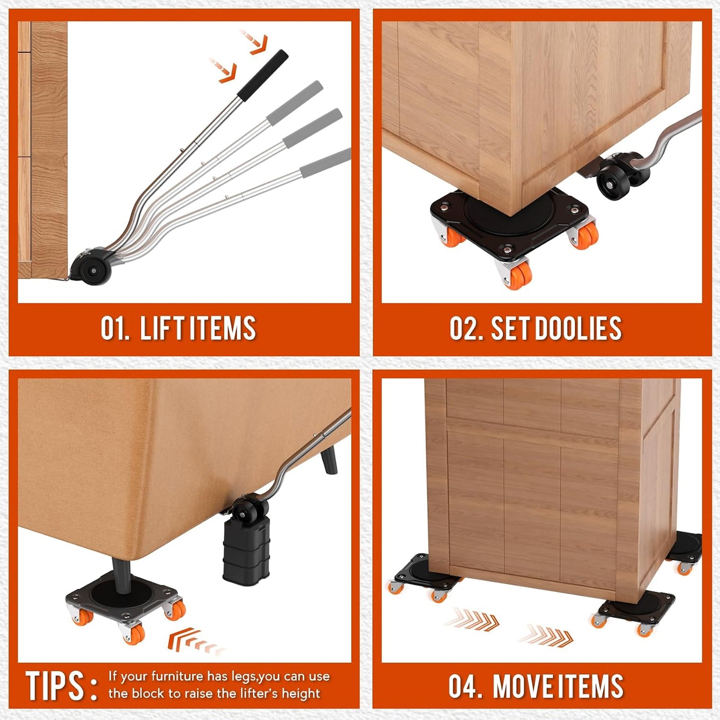Heavy Duty Furniture Movers with 8 Wheels | Dual-Wheel Design Carbon Steel Panel Furniture Dolly Set with Lifter,360°Rotating Casters for Easy Moving,Max Load 3306 LBS