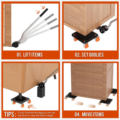 Heavy Duty Furniture Movers with 8 Wheels | Dual-Wheel Design Carbon Steel Panel Furniture Dolly Set with Lifter,360°Rotating Casters for Easy Moving,Max Load 3306 LBS