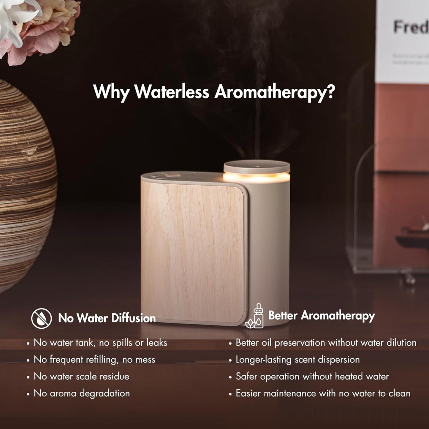 ZmarKraft® Waterless Essential Oil Diffuser with Solid Wood Cover | 3 Timers, 2 Mist Modes, Quiet, Portable, Waterless Fragrance, Two-Fluid Atomization