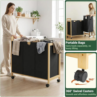 250L Laundry Sorter with Wheels, 3-Section Laundry Hamper, Black | 66 Gal Large Laundry Cart with Removable Bags, Rolling Laundry Basket, Water-Resistant, Bamboo Frame, Laundry Room Organizer